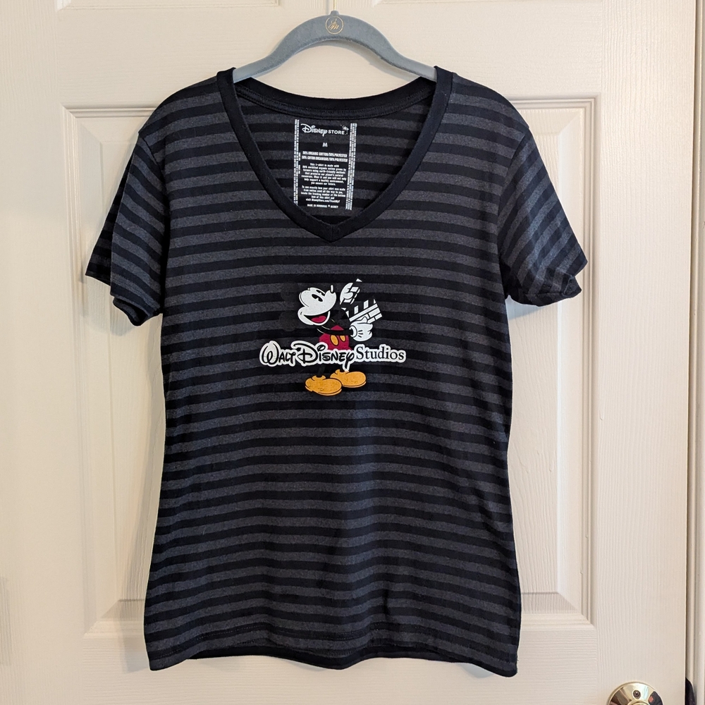 Disney Studios Mickey Mouse Black and Gray Striped Women's V-neck Tee M